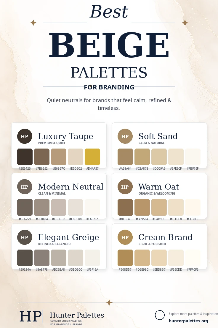 Best beige palettes for branding with six curated beige color combinations and HEX codes.