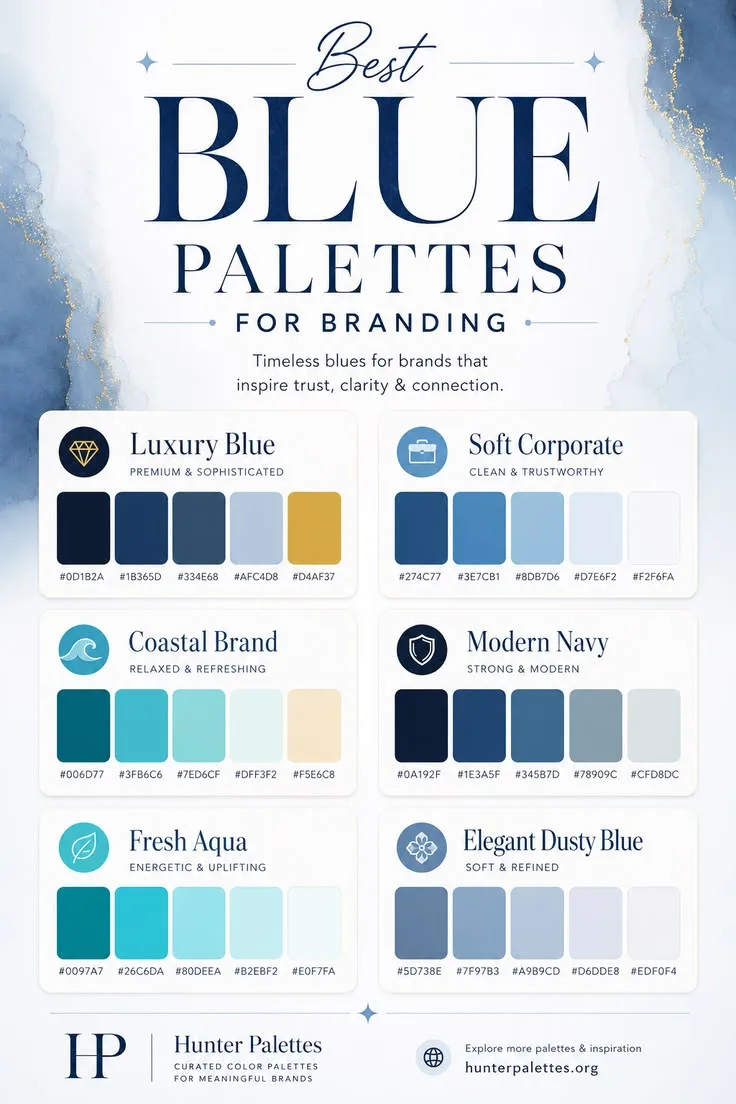 Best blue palettes for branding with six curated blue color combinations and HEX codes.