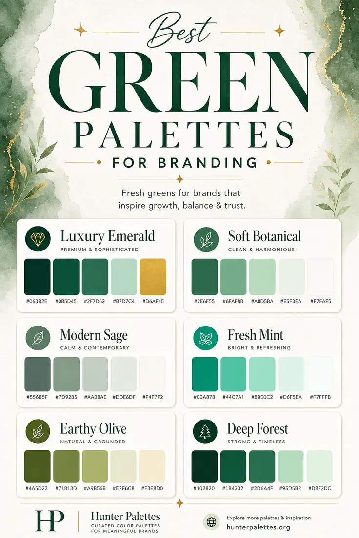 Best green palettes for branding with six curated green color combinations and HEX codes.