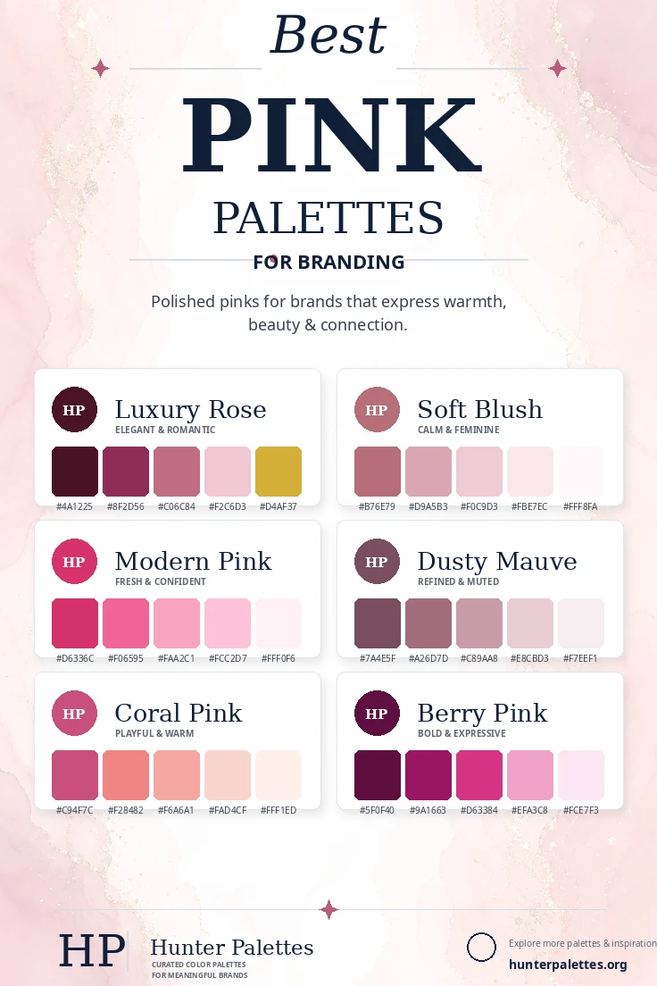 Best pink palettes for branding with six curated pink color combinations and HEX codes.