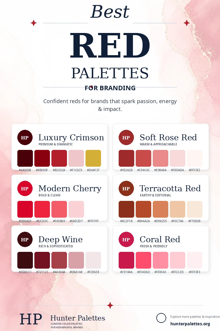 Best red palettes for branding with six curated red color combinations and HEX codes.