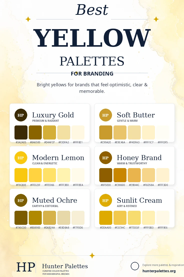 Best yellow palettes for branding with six curated yellow color combinations and HEX codes.