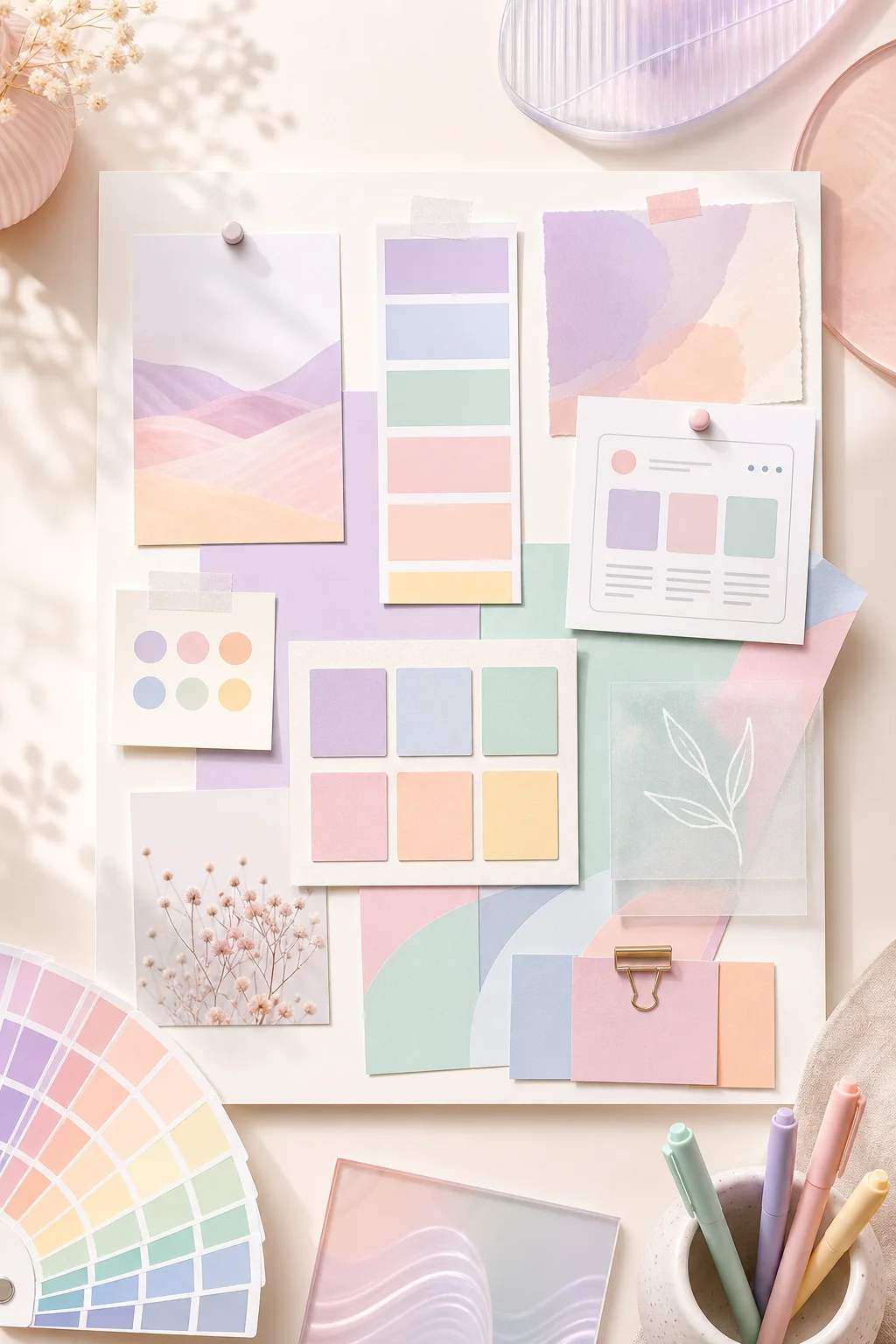 A soft pastel design moodboard with color swatches, paper cards, and creative stationery.