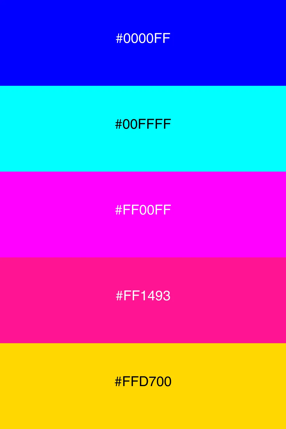 En livlig neonpalet med energiske blå og pink nuancer.