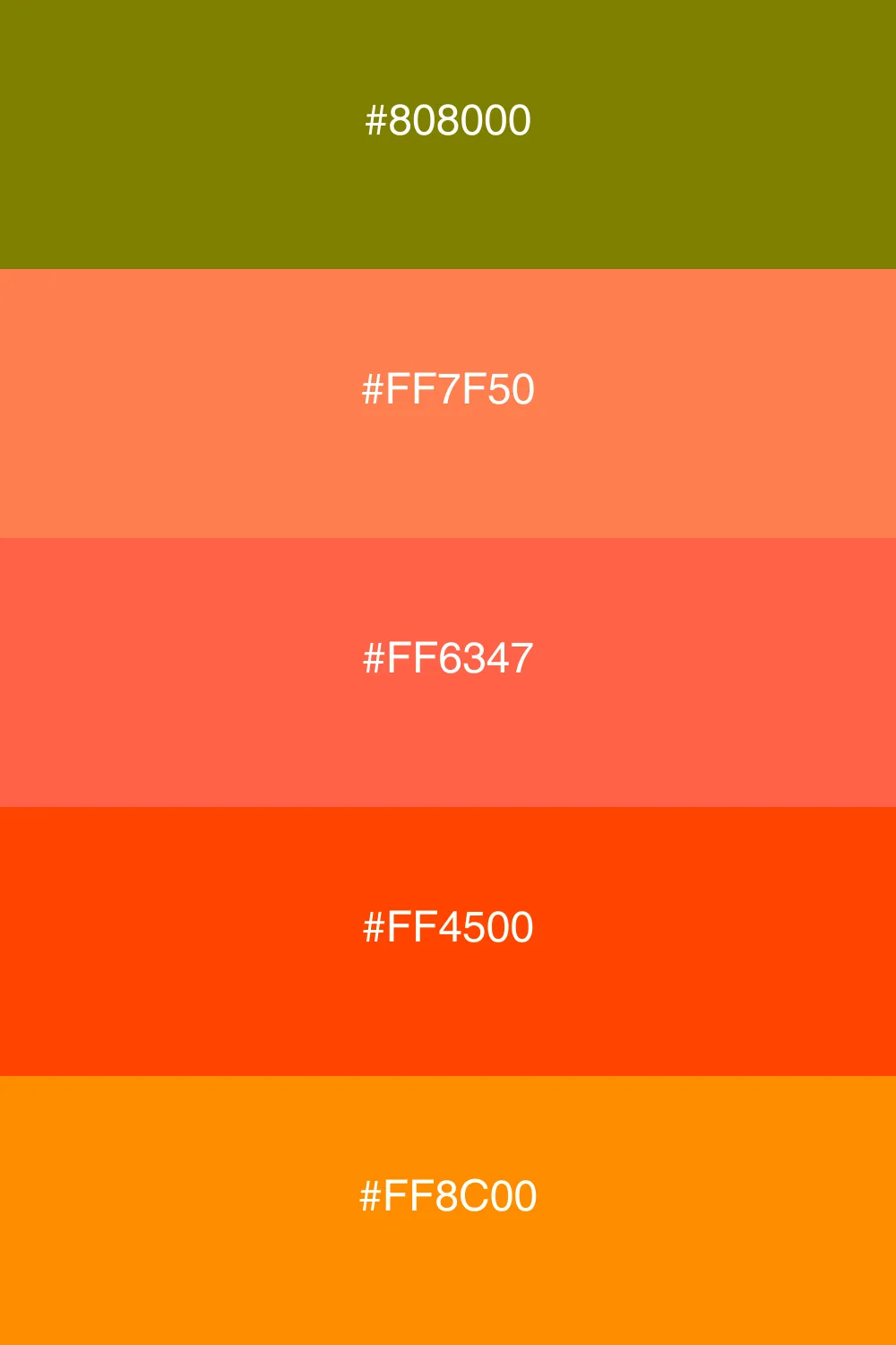A playful palette blending olive with bright coral shades.