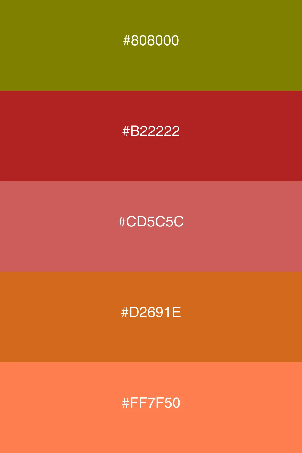 A rustic palette combining olive with warm rust tones.